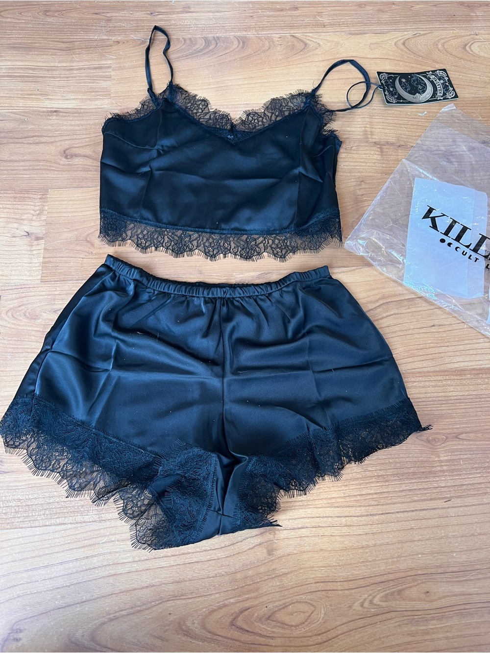 Killstar Satin Lace Cami & XS Shorts Set in Black Lace Of Spades nwt